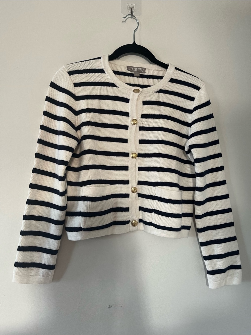 J Crew Black White Striped Button Up Cardigan Small Gold Buttons Nautical Preppy